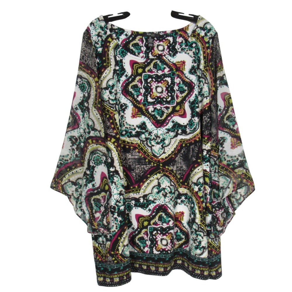 STYLE & CO Stretchy Knit CHIFFON BELL SLEEVES Black/Multi TUNIC TOP BLOUSE Sz 2X